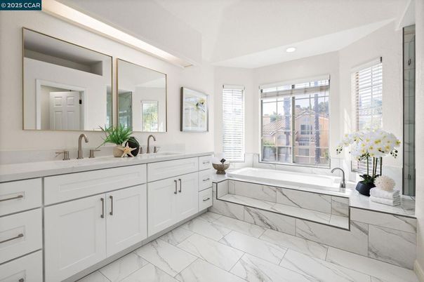 Bathroom, Dual Sink Vanities, Interior, Marble, Recessed Lighting
