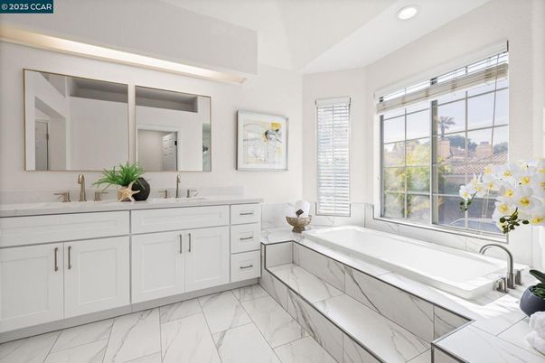 Bathroom, Dual Sink Vanities, Interior, Marble, Recessed Lighting