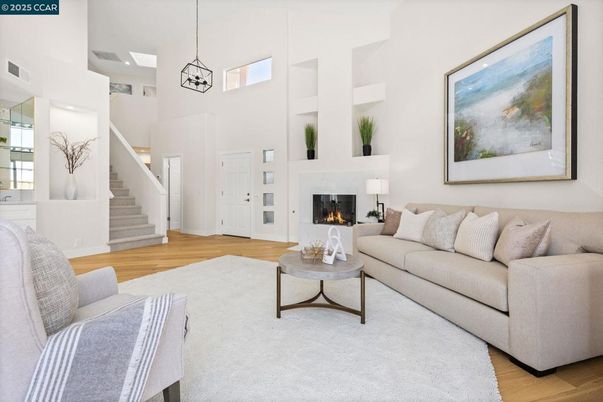 Fireplace, Interior, Living room, Pendant Lights, Recessed Lighting, Wood Texture Flooring