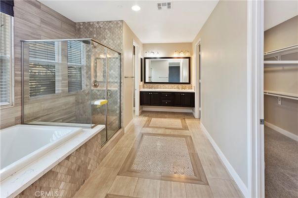 Bathroom, Glass Shower, Interior, Recessed Lighting, Wood Texture Flooring
