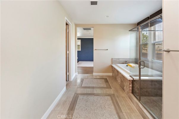Bathroom, Glass Shower, Interior, Recessed Lighting, Wood Texture Flooring