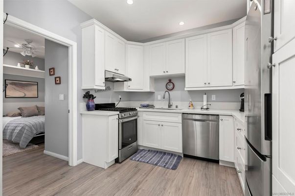 Bedroom, Interior, Kitchen, Recessed Lighting, Stainless Steel Appliances, Wood Texture Flooring