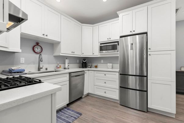 Interior, Kitchen, Recessed Lighting, Stainless Steel Appliances, Wood Texture Flooring
