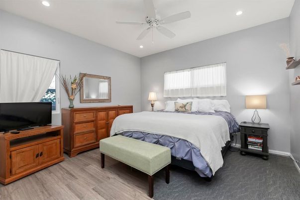 Bedroom, Interior, Recessed Lighting, Wood Texture Flooring