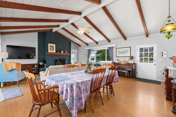 Dining room, Fireplace, Interior, Living room, Pendant Lights, Piano, Wooden Beams, Wood Texture Flooring