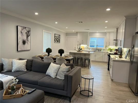 Dining room, Interior, Kitchen, Living room, Recessed Lighting, Wood Texture Flooring