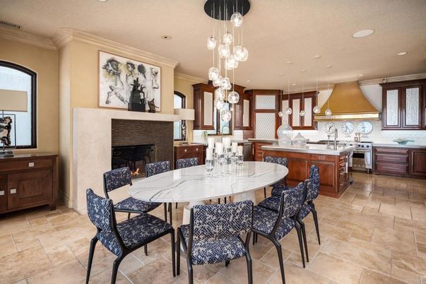 Dining room, Fireplace, Interior, Kitchen, Pendant Lights, Recessed Lighting, Stainless Steel Appliances