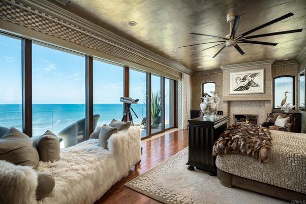 Bedroom, Fireplace, Interior, Recessed Lighting, Water, Wood Texture Flooring