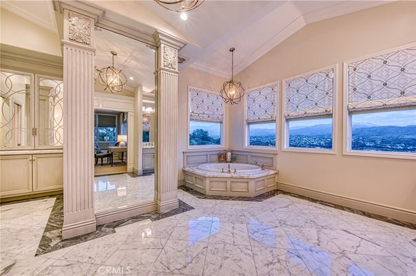 Bathroom, Chandelier, Hot Tub, Interior, Marble, Pendant Lights