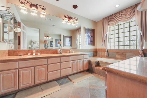Bathroom, Dual Sink Vanities, Interior, Recessed Lighting, Tile Countertops