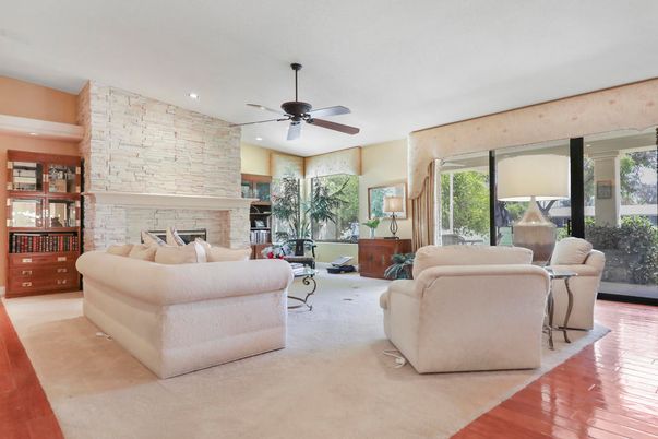Fireplace, Interior, Living room, Recessed Lighting, Stone Walls