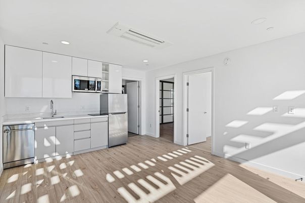 Interior, Kitchen, Recessed Lighting, Stainless Steel Appliances, Wood Texture Flooring