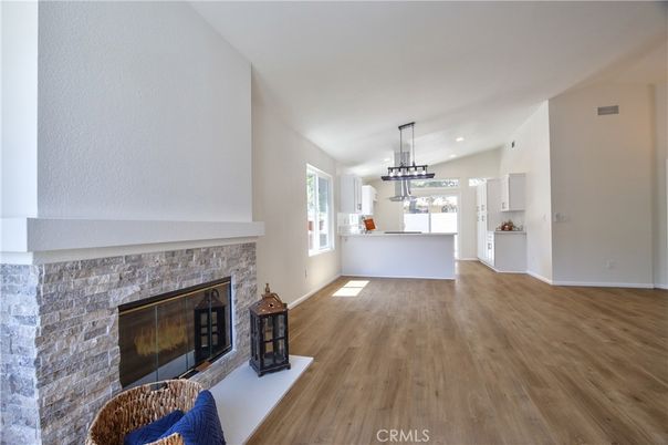 Fireplace, Interior, Kitchen, Pendant Lights, Recessed Lighting, Wood Texture Flooring