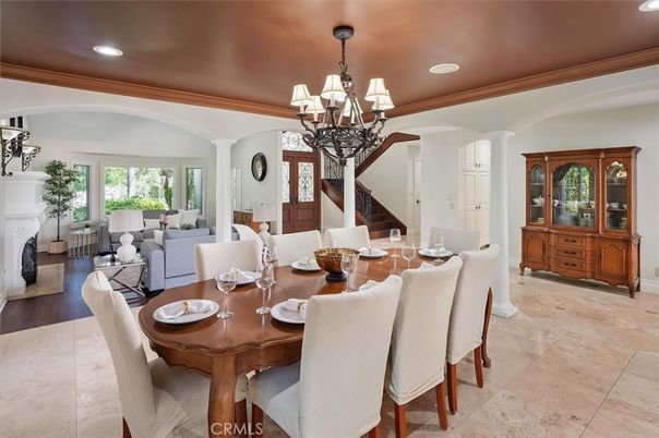 Chandelier, Dining room, Fireplace, Interior, Living room, Recessed Lighting