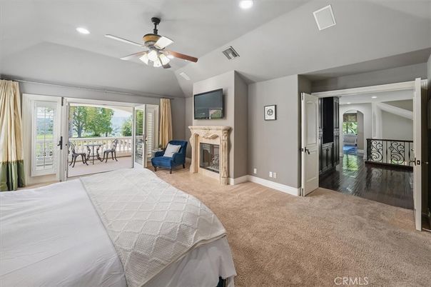 Bedroom, Fireplace, Interior, Recessed Lighting, Wood Texture Flooring