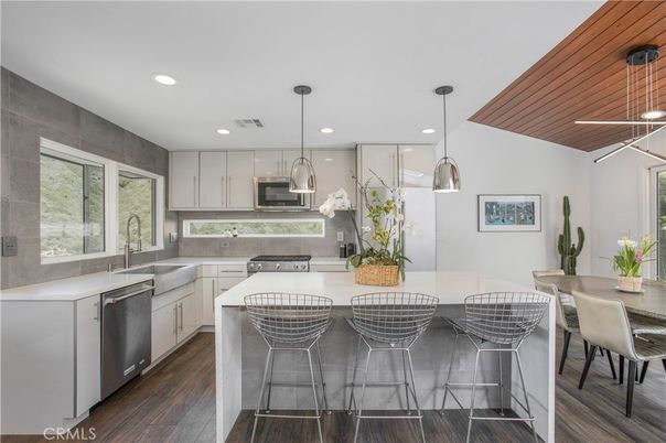 Interior, Kitchen, Pendant Lights, Recessed Lighting, Stainless Steel Appliances, Wooden Ceilings, Wood Texture Flooring