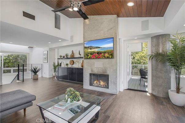 Fireplace, Interior, Living room, Recessed Lighting, Wooden Ceilings, Wood Texture Flooring