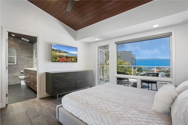 Bedroom, Interior, Recessed Lighting, Water, Wooden Ceilings, Wood Texture Flooring