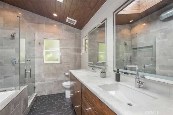 Bathroom, Dual Sink Vanities, Glass Shower, Interior, Recessed Lighting, Wooden Ceilings