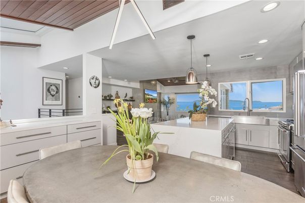 Interior, Kitchen, Pendant Lights, Recessed Lighting, Stainless Steel Appliances, Water, Wood Texture Flooring