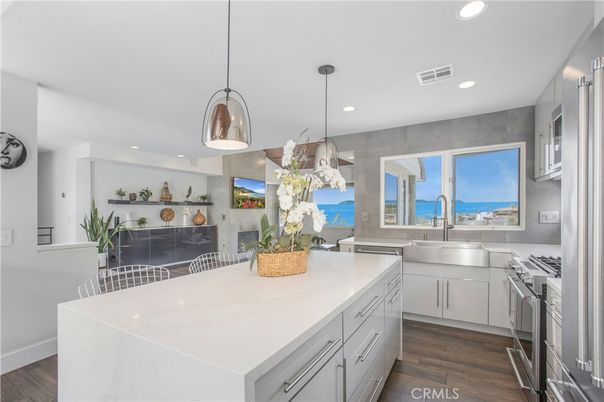 Interior, Kitchen, Pendant Lights, Recessed Lighting, Stainless Steel Appliances, Water, Wood Texture Flooring