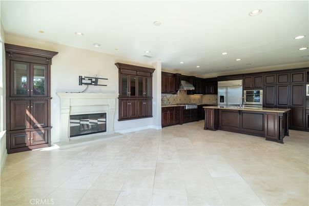 Fireplace, Interior, Kitchen, Recessed Lighting, Stainless Steel Appliances