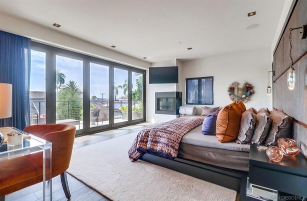 Bedroom, Fireplace, Interior, Recessed Lighting, Wood Texture Flooring