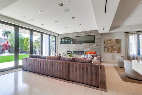 Fireplace, Interior, Living room, Recessed Lighting, Stone Walls