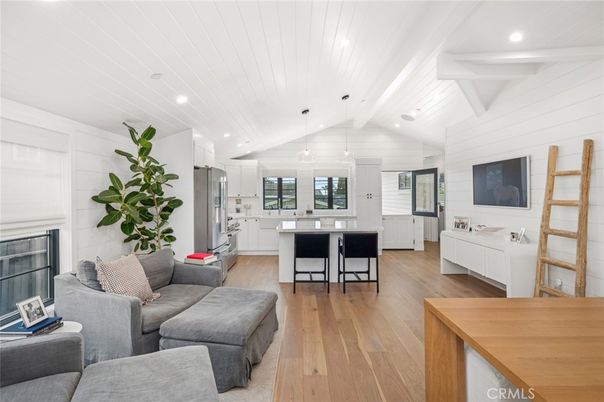 Fireplace, Interior, Kitchen, Living room, Pendant Lights, Recessed Lighting, Wood Texture Flooring