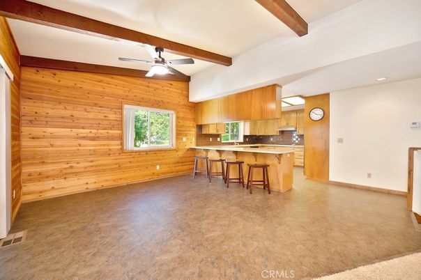 Empty room, Interior, Kitchen, Recessed Lighting, Wooden Beams, Wooden Walls