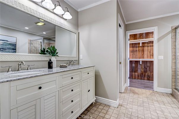 Bathroom, Dual Sink Vanities, Interior, Recessed Lighting, Wooden Walls