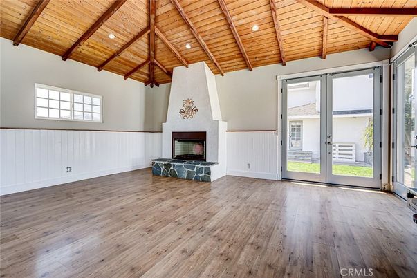 Empty room, Fireplace, Interior, Recessed Lighting, Wooden Beams, Wooden Ceilings, Wood Texture Flooring