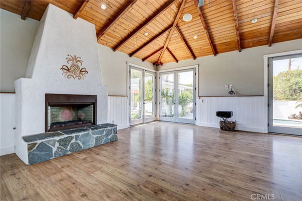 Empty room, Fireplace, Interior, Recessed Lighting, Wooden Beams, Wooden Ceilings, Wood Texture Flooring