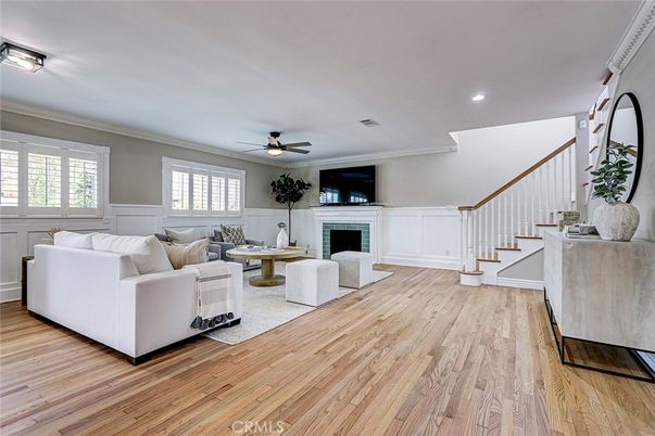 Fireplace, Interior, Living room, Recessed Lighting, Wood Texture Flooring