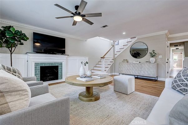 Fireplace, Interior, Living room, Recessed Lighting, Wood Texture Flooring