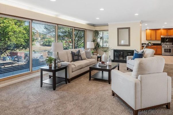 Fireplace, Interior, Kitchen, Living room, Recessed Lighting, Stainless Steel Appliances