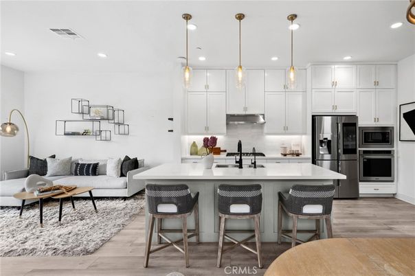 Interior, Kitchen, Living room, Pendant Lights, Recessed Lighting, Stainless Steel Appliances, Wood Texture Flooring
