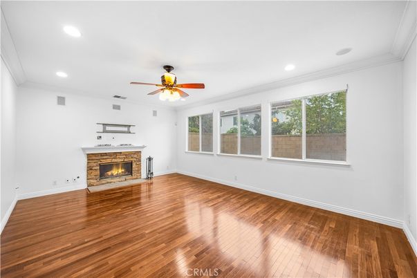 Empty room, Fireplace, Interior, Recessed Lighting, Wood Texture Flooring