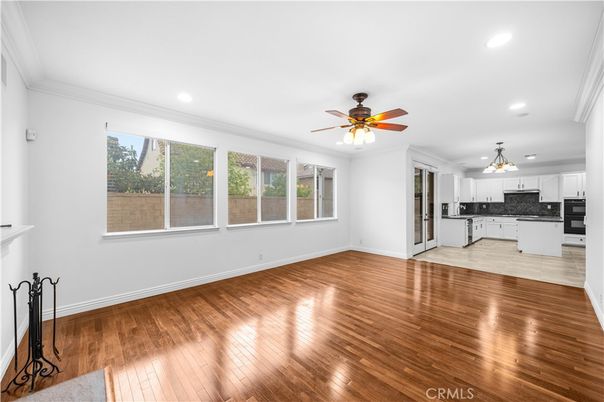 Empty room, Interior, Kitchen, Pendant Lights, Recessed Lighting, Wood Texture Flooring