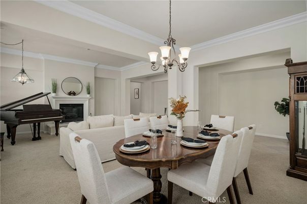 Chandelier, Dining room, Fireplace, Interior, Living room, Pendant Lights, Piano