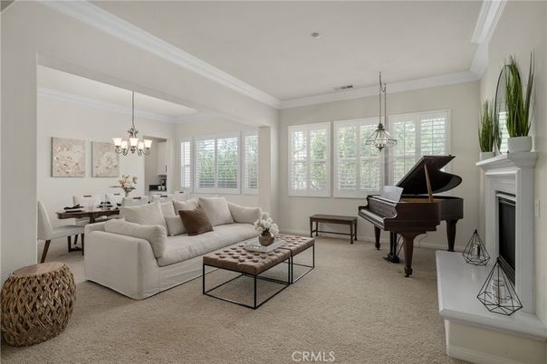 Chandelier, Dining room, Fireplace, Interior, Living room, Pendant Lights, Piano