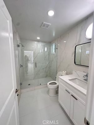 Bathroom, Glass Shower, Interior, Marble Walls, Recessed Lighting