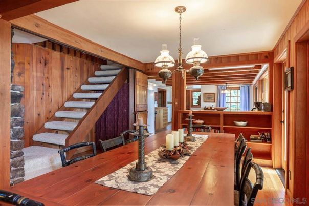 Chandelier, Dining room, Interior, Wooden Beams, Wood Texture Flooring, Wooden Walls