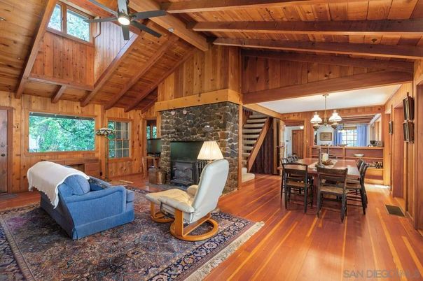 Chandelier, Dining room, Fireplace, Interior, Living room, Wooden Beams, Wooden Ceilings, Wood Texture Flooring, Wooden Walls