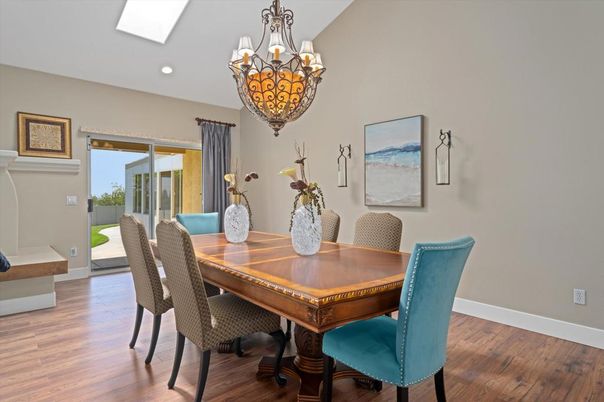 Chandelier, Dining room, Interior, Recessed Lighting, Wood Texture Flooring