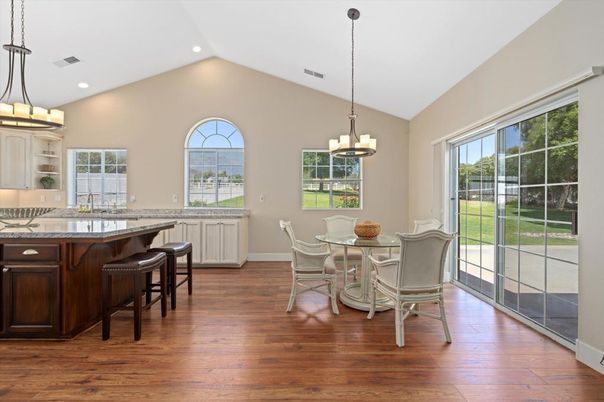 Chandelier, Dining room, Interior, Kitchen, Recessed Lighting, Wood Texture Flooring