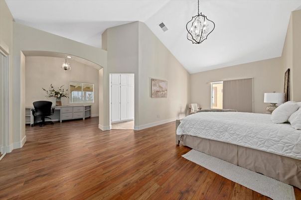 Bedroom, Chandelier, Interior, Pendant Lights, Wood Texture Flooring