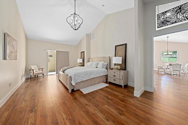 Bedroom, Dining room, Interior, Pendant Lights, Wood Texture Flooring