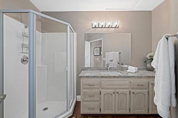 Bathroom, Glass Shower, Interior, Wood Texture Flooring
