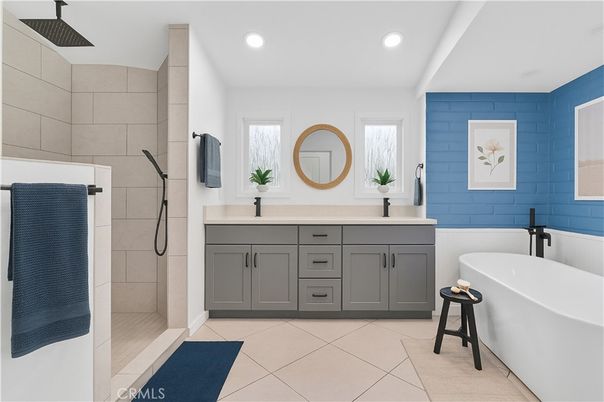 Bathroom, Dual Sink Vanities, Free Standing Baths, Interior, Recessed Lighting